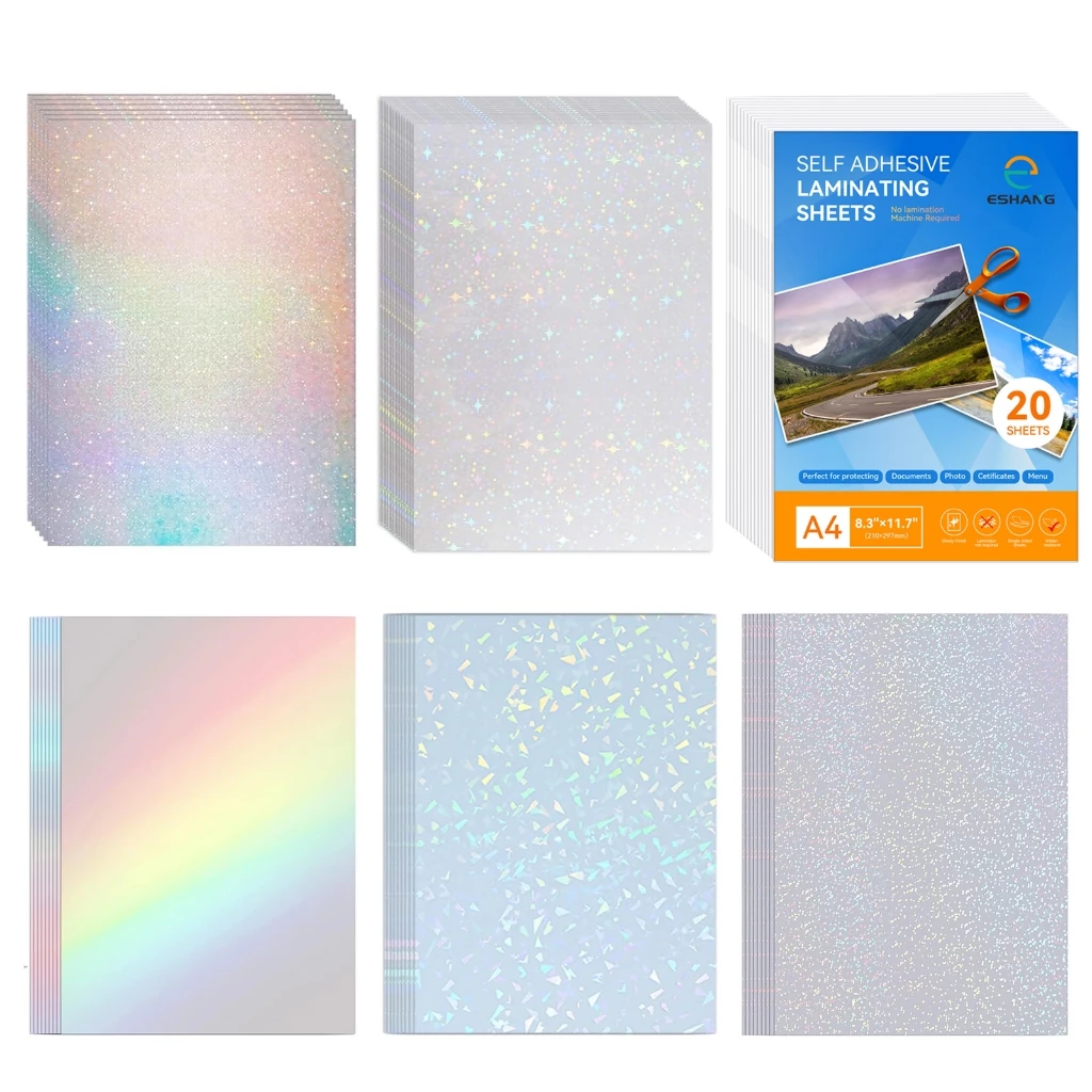 20 Sheets A4 Holographic Cold Laminating Film Clear Self-Adhesive Vinyl Sticker 8.3x11.7 Inch Waterproof 6 Styles