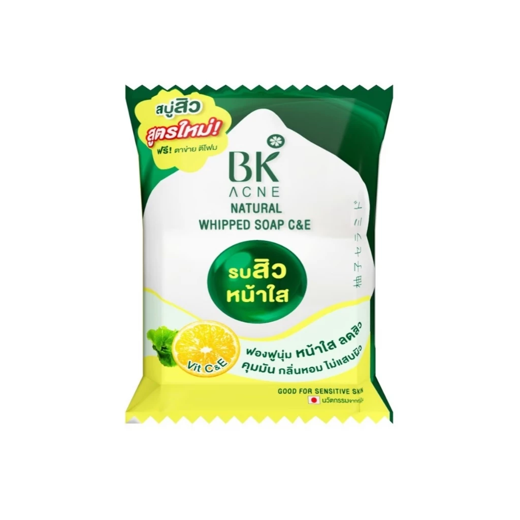 สูตรใหม่ สบู่ บีเค แอคเน่ รบสิวหน้าใส Vit C&E BK Acne Natural Whipped Soap C&E