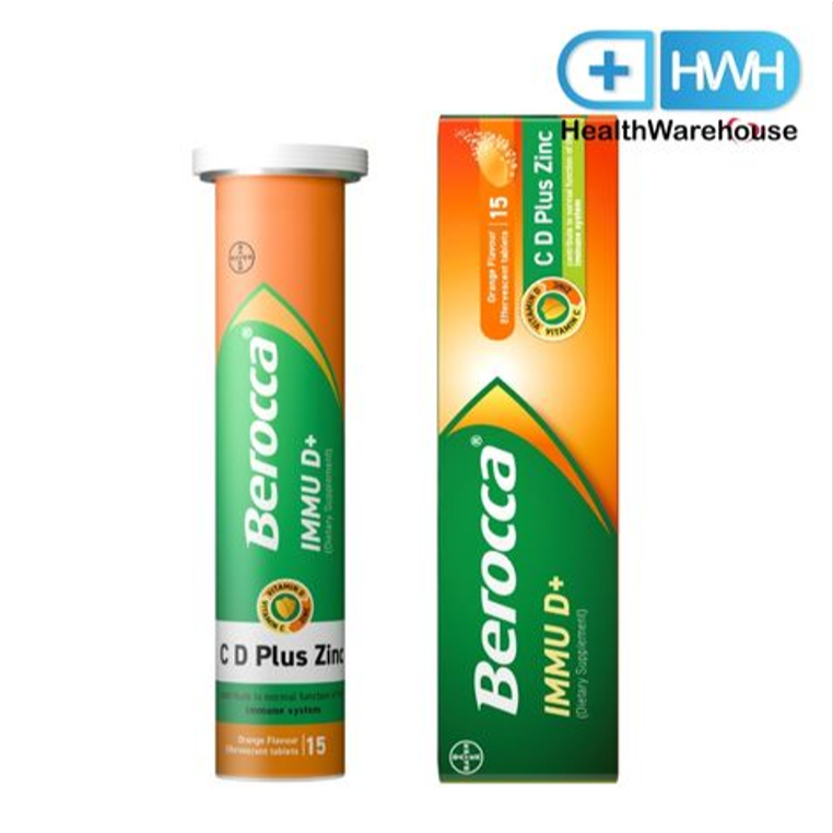 BEROCCA IMMU D+ C , D Plus Zinc (บีรอคคา อิมมู ดี พลัส ผลิตภัณฑ์เสริมอาหาร) เม็ดฟู่รสส้ม 15 เม็ด