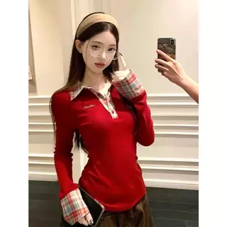 ส่งจากไทยทุกวัน คอวี เสื้อยืดผู้หญิง แขนยาว คอโปโล ทรงเข้ารูป 2สี UMISO