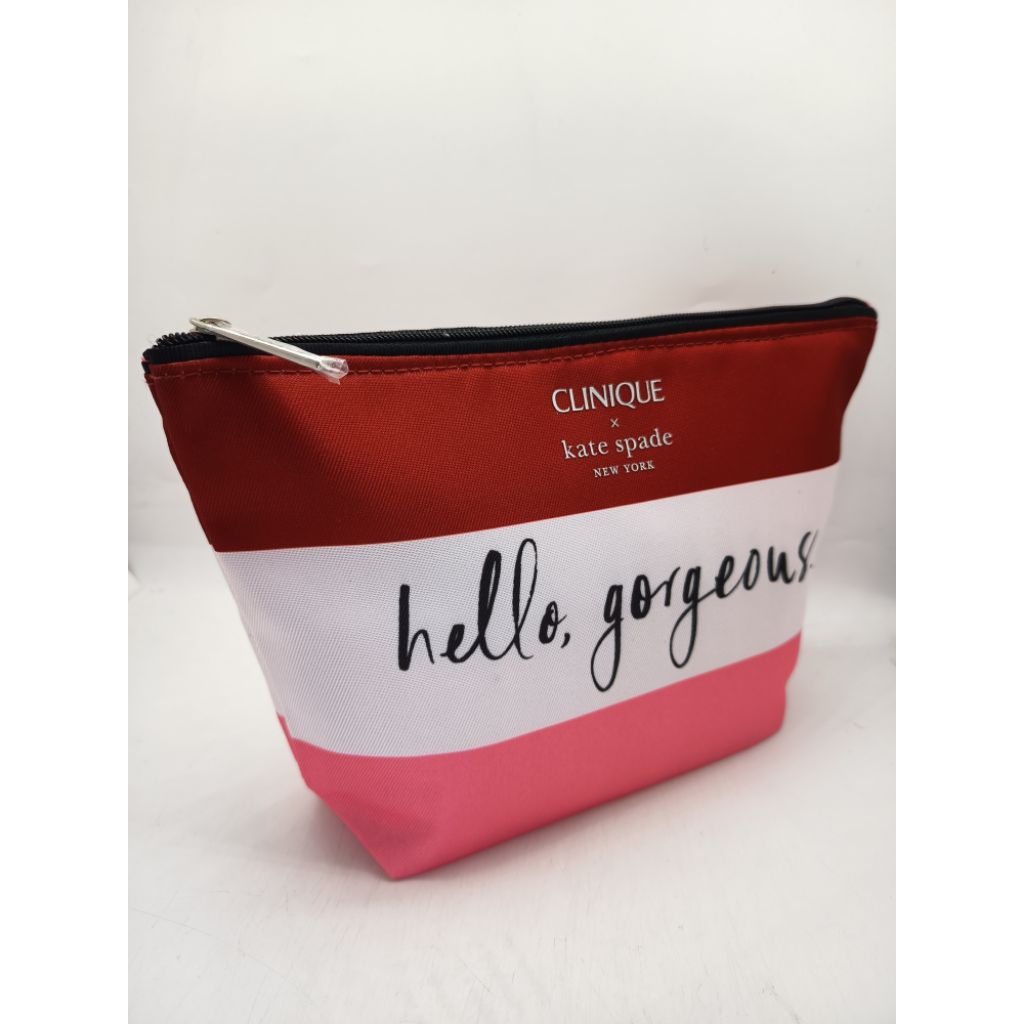 กระเป๋าเครื่องสำอางคลินิก CLINIQUE x kate spade ผ้าพิมพ์ลายทางสีแดงชมพูอ่อนและเข้ม