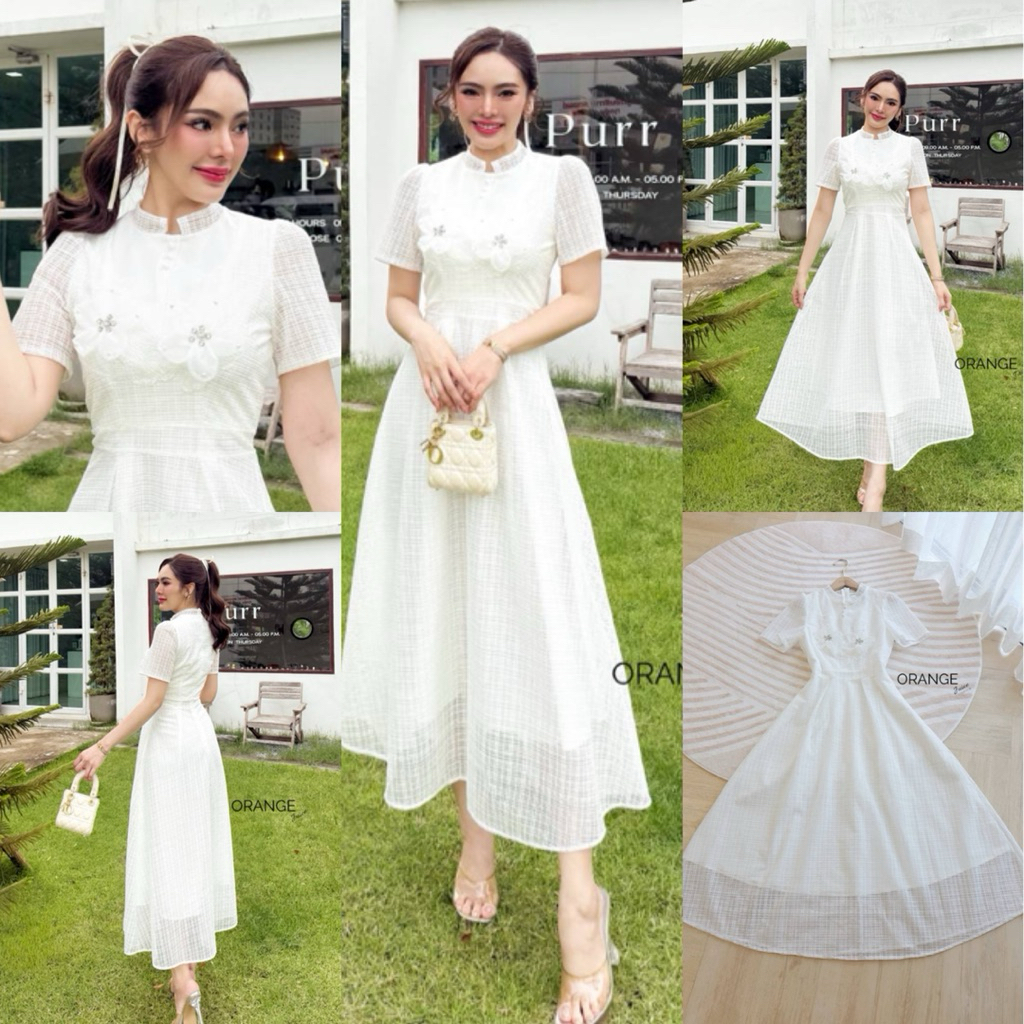🧡พร้อมส่ง XL 2XL 3XL🧡ป้าย Orange Juice💕เดรสลูกไม้สีขาว คอตั้ง ปักดอกไม้แต่งเพชรช่วงอก สวยลูกคุณหนู