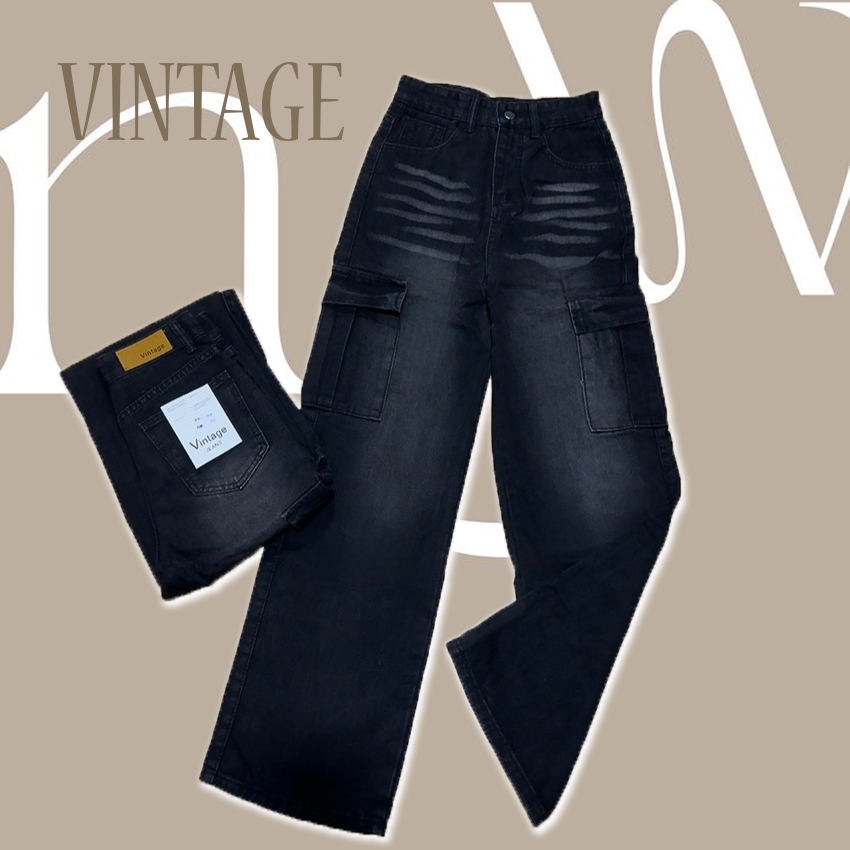 Vintage รุ่น #8339 กางเกงยีนส์ คาร์โก้ ทรงกระบอก แต่งเฟดขา ทรงสวยผ้าไม่ยืด กระเป๋าตรง 2 ใบ