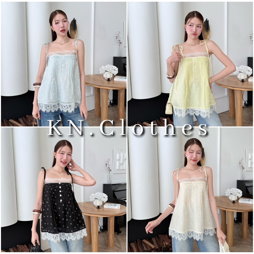 Amy cami : เสื้อสายเดี่ยวผูกไหล่ เย็บตีเกล็ดหน้า แต่งขอบลูกไม้ แต่งกระดุมหัวใจ เนื้อผ้าพิมพ์ลายนูน KN.Clothes - รูปที่ 2