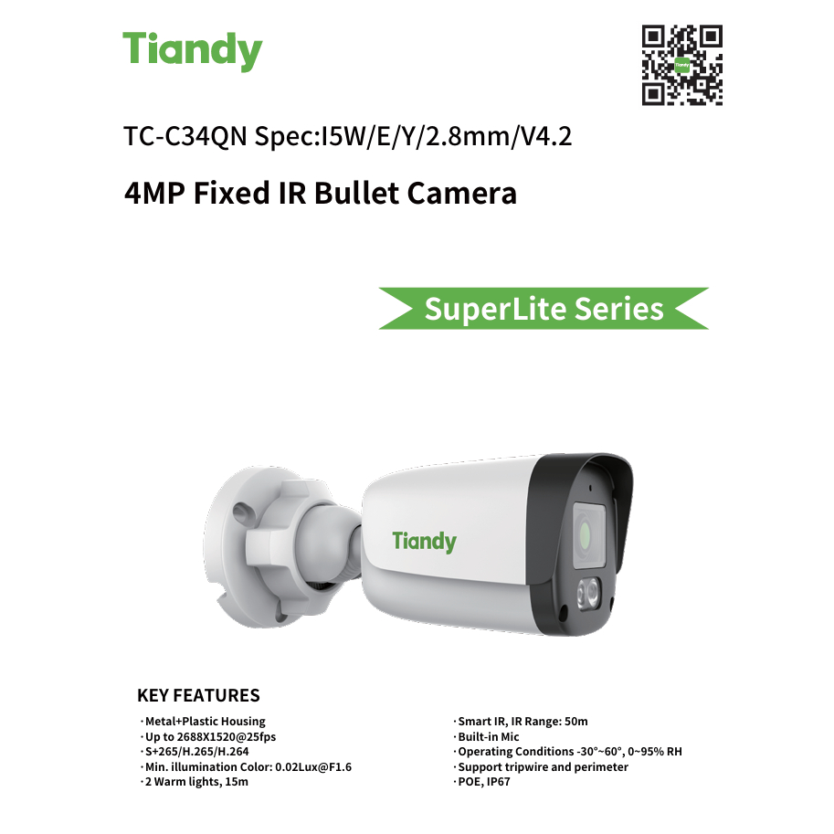 กล้องวงจรปิด C34QN Spec I5W/E/Y 2.8mm. ภาพสี 24 ชม. มีไมค์ ความละเอียด 4 MP