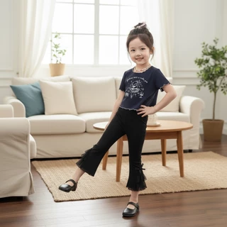 Babyonline(Y438)N2 (ส่งด่วน1วัน)กางเกงขายาวแฟชั่นสำหรับเด็กผู้หญิงสีพื้นแต่งขาบานสุดเก๋ ผ้านุ่ม ยืดหยุ่น ใส่สบาย