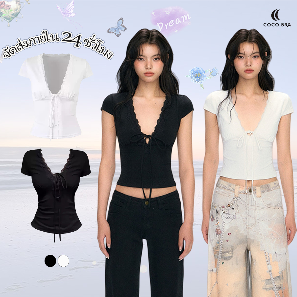 🌸พร้อ​มส่ง🌸เสื้อแฟชั่นแขนสั้น เสื้อยืดคอวีแขนสั้น ผ้าลูกไม้ปะติด ผ้ายืดหยุ่น แฟชั่น ออลแมตช์ ใหม่