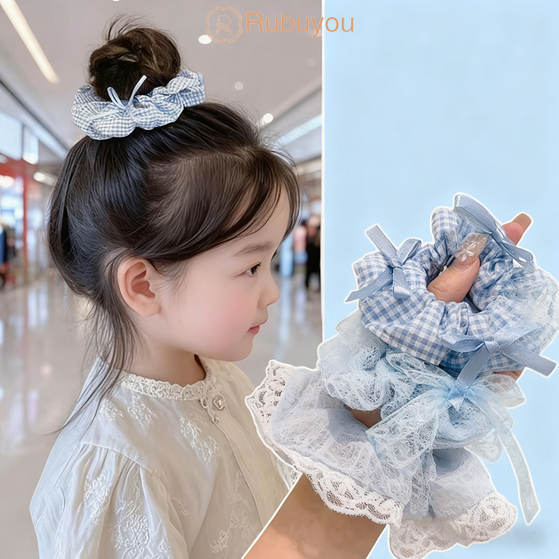 Rubuyou ห่วงผมของ สีน้ำเงินลูกไม้ประดับโบว์ หวาน ละเอียดอ่อน ความยืดหยุ่นสูง เด็กผู้หญิง เครื่องประดับผมแฟชั่น-COD💝
