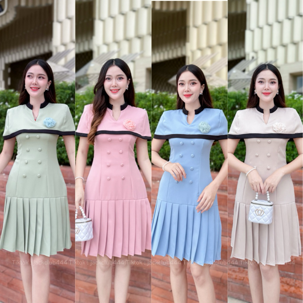 D10 เดรสจีบทวิตหน้า แต่งปกคอวี (แถมเข็มกลัดดอกไม้) เดรสยาว 35“