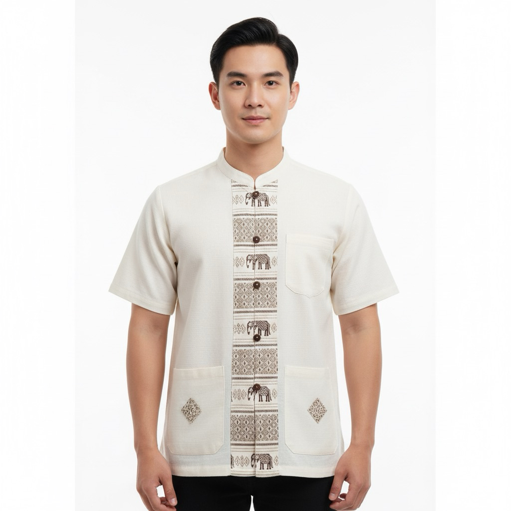 เสื้อผ้าฝ้ายพื้นเมืองตกแต่งแถบเป็นลายช้างไทยสีขาว-ชาย