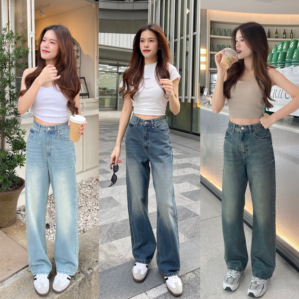 BLUEDA – Teddy Jeans กางเกงยีนส์เอวสูง ขากระบอก ดีเทลแต่งด้านข้าง พรางหุ่น เก็บทรงดีมาก ผ้านิ่ม ใส่สบายไม่ร้อน
