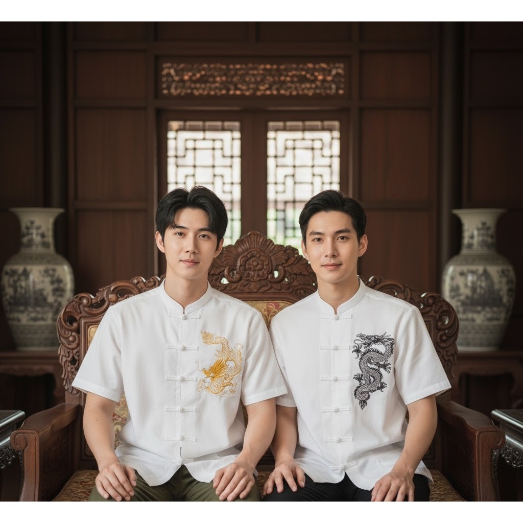T&P เสื้อคอจีนปักลายลายมังกร ผ้าฝ้ายสไตล์พื้นเมือง (ไม่รวมหมวก)