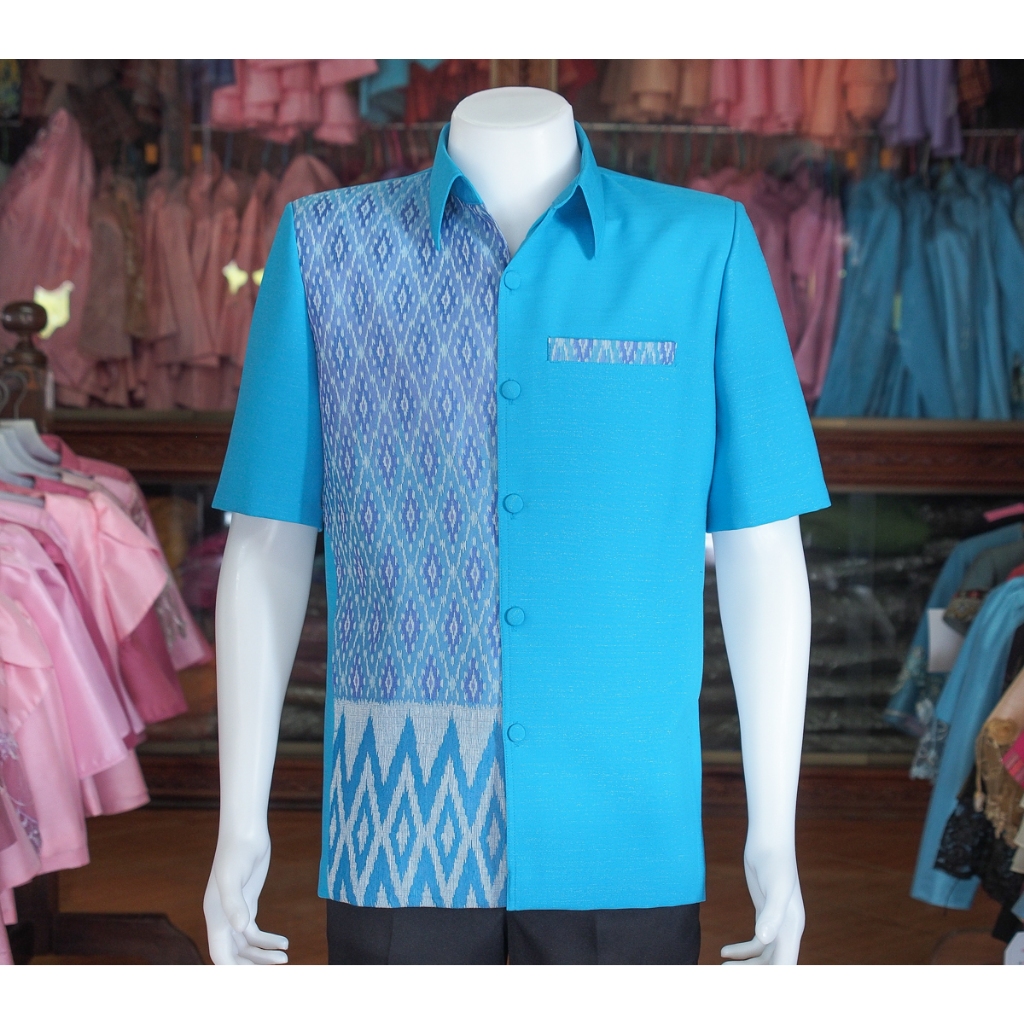 เสื้อสูทผ้าฝ้ายแต่งลายไทย สีฟ้า