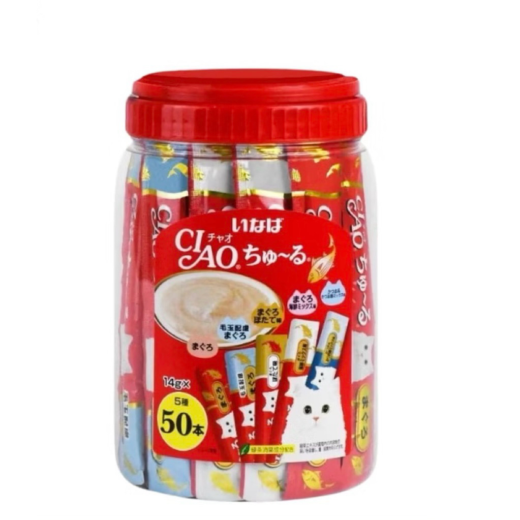 CIAO ซูหรุ ขนมแมวเลียบรรจุ 50 ซอง/1กระปุก มีหลากหลายรสชาติในหนึ่งกระปุก