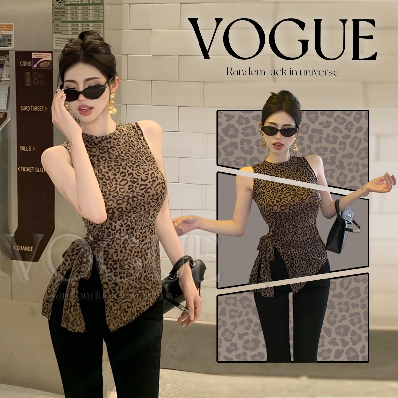 Vogue🌟พร้อมส่ง🌟เสื้อแขนกุด ลายเสือดาว การออกแบบย้อนยุคเ เข้ารูป ใส่สบาย(FYM5514)