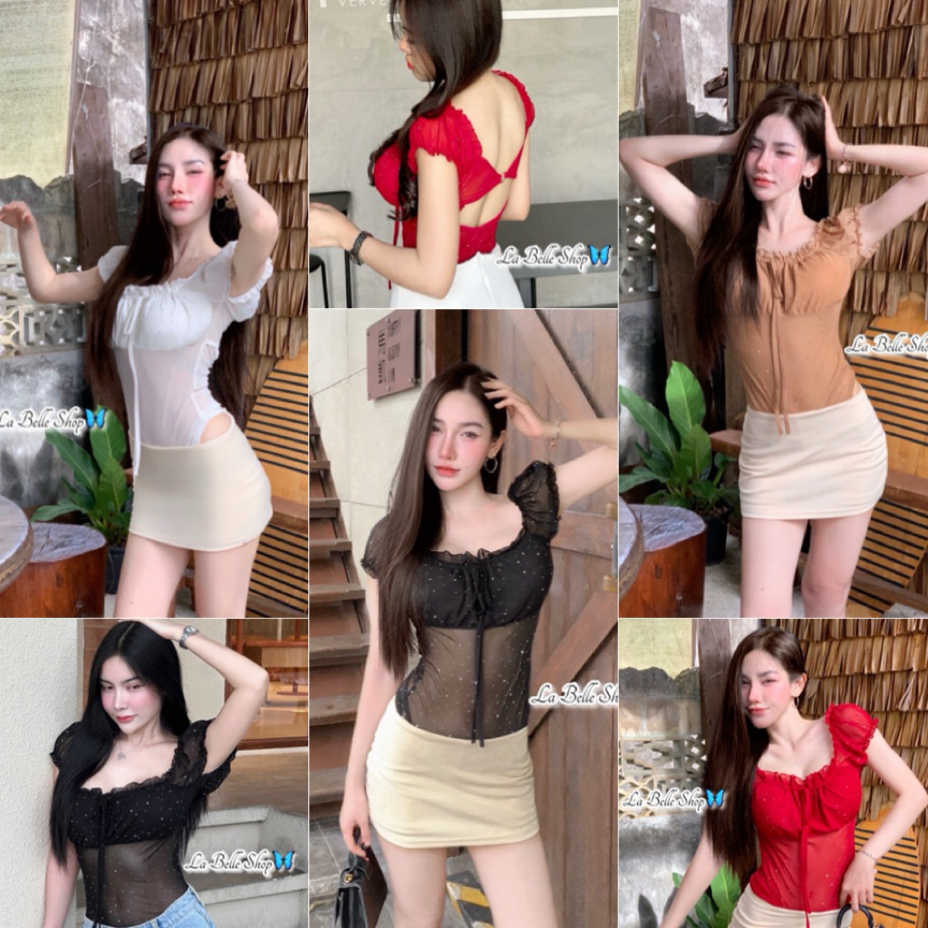 💕ShopBypuy💕บอดี้สูทซีทรูแขนตุ๊กตาโชว์หลังกลิตเตอร์ผ้าวิ้งๆ