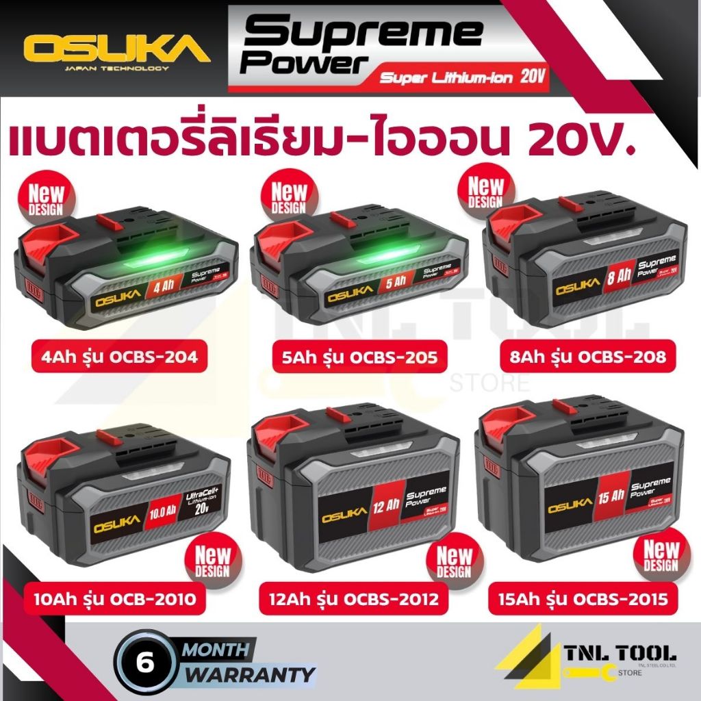 แบตเตอรี่ ลิเธียมไออน 20V. 4Ah /5Ah /8Ah /10Ah /12Ah /15Aah Supreme Power OSUKA *รุ่นใหม่* (เฉพาะแบตเตอรี่)