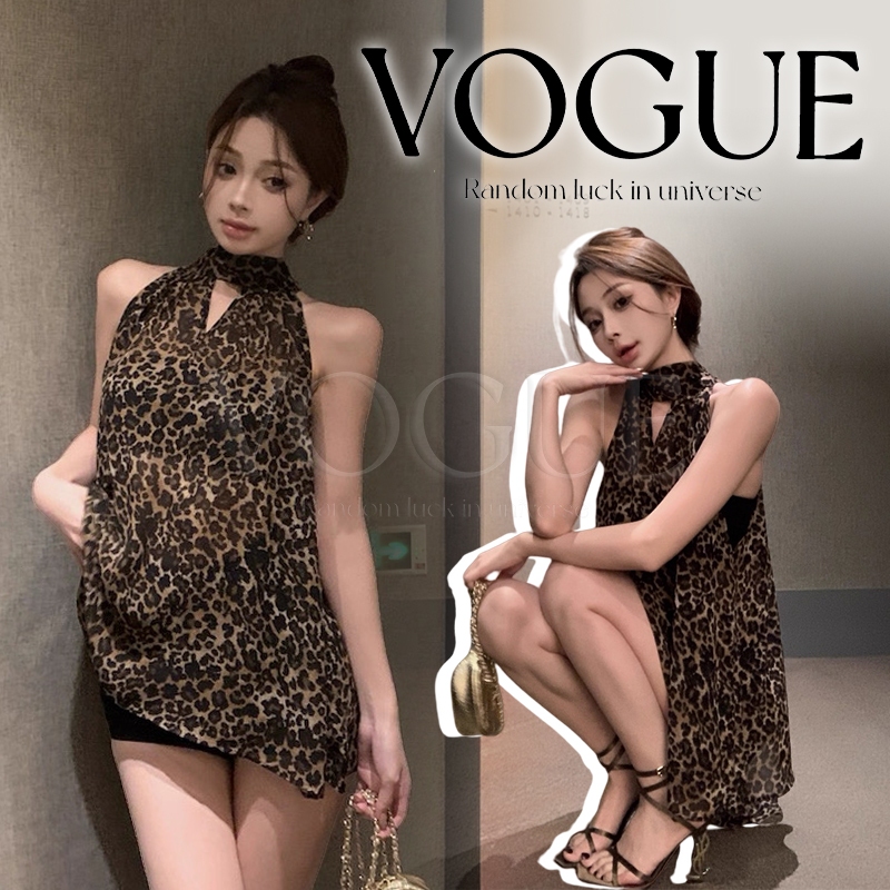 Vogue🌟พร้อมส่ง🌟เสื้อแขนกุด วินเทจ ลายเสือดาว  ผ้าใส่สบาย คล้องคอ (FY2929)