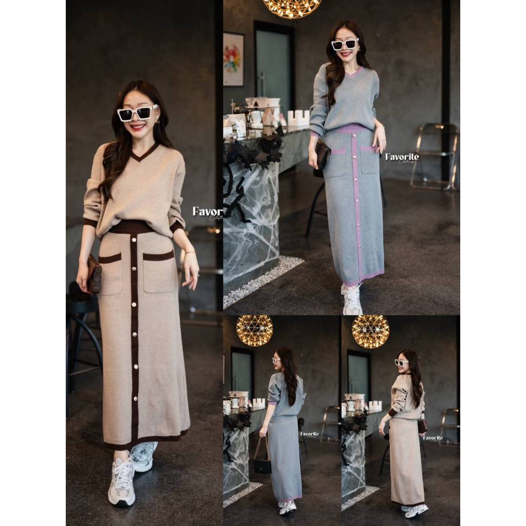 •FAVORITE• FVR 98296 Set เสื้อยืดแขนยาวคอปีน มาพร้อมมินิเดรสสีพื้น แต่งระบายชาย