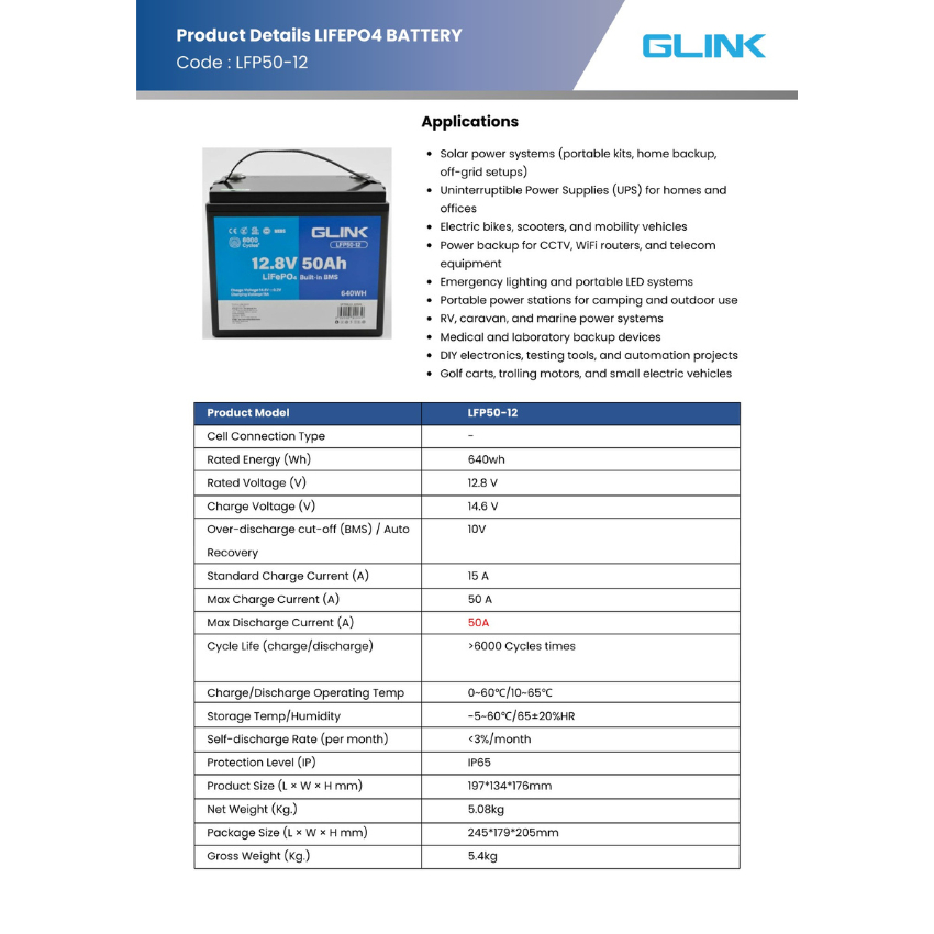 GLINK LiFePO4 Battery รุ่น LFP ( 12V 50Ah / 12V 100Ah / 24V 100Ah )