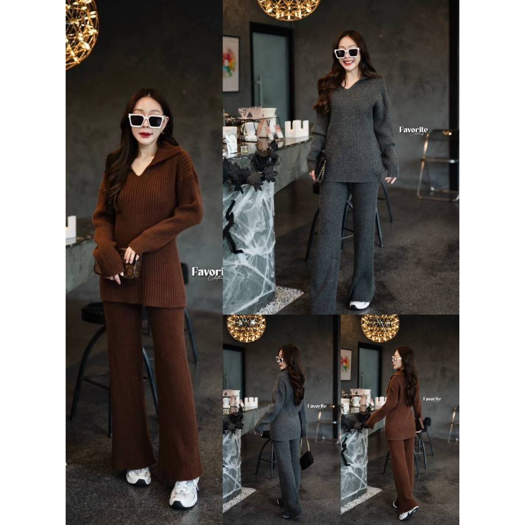 •FAVORITE• FVR 32620 Set เสื้อไหมพรมแขนยาวคอปีน มาพร้อมเอี๊ยมกระโปรงลายเสือผ้าหนังกลับ