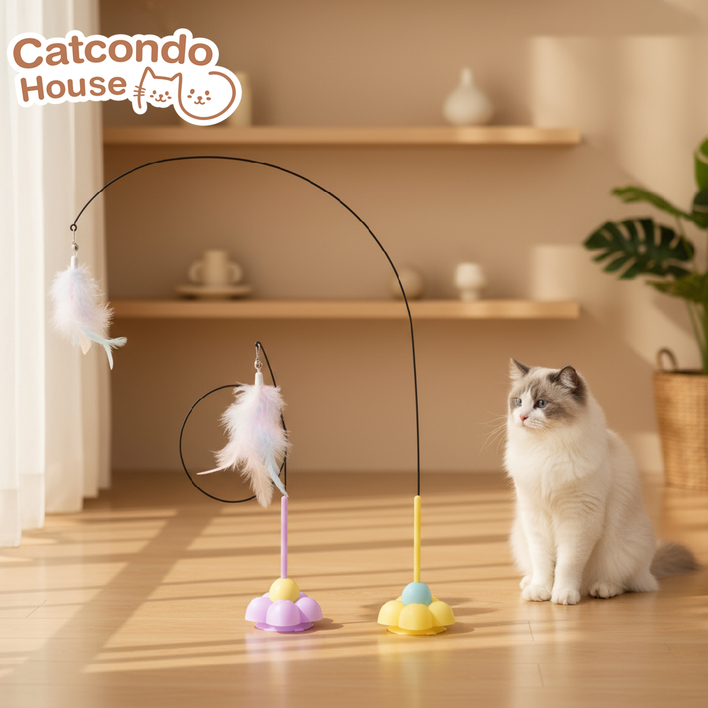 Cathouse ไม้ตกแมวฐานดอกไม้ ไม้ล่อแมว ขนนก ของเล่นแมว ออกกำลังกาย