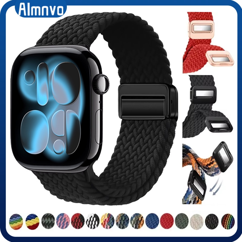 สายไนล่อน for Apple Watch Ultra 3 2 49mm 45 41เทปยืดหยุ่น for IWatch Series 11 10 9 8 7 Se 6 5 3 38/44/40/46/44mm
