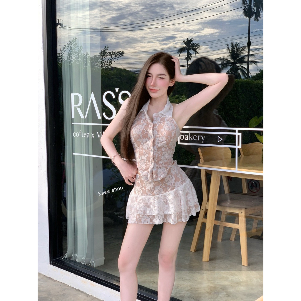 Phapassz - เชต 2ชิ้น ลูกไม้เสื้อคอปกเพชร มาพร้อมกางเกงกระโปรงระบายสองชั้น ดูแพง ดีเทลเกร๋ สดใสๆ สุดชิค #Tai