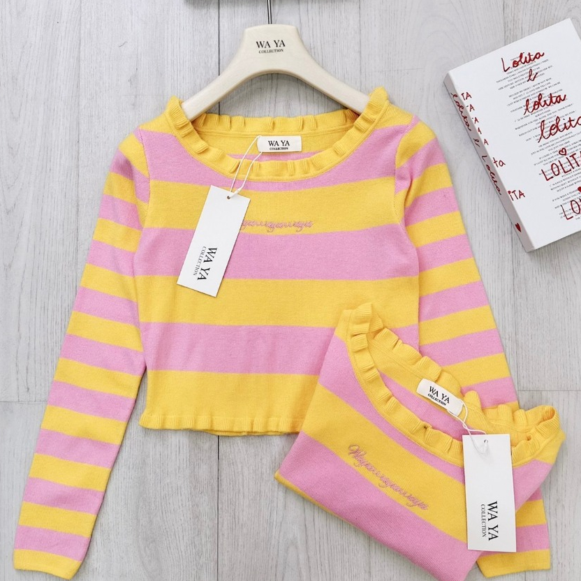 WA YA เสื้อแขนยาวแฟร์ชั่น ลายทางชมพู/เหลือง