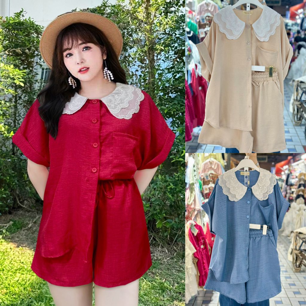 ชุดเซ็ทแฟชั่นสาวอวบ รุ่นผ้าสีพื้น เสื้อคอปกฉลุ2ชั้นคู่กับกางเกงขาสั้นทรงสวย