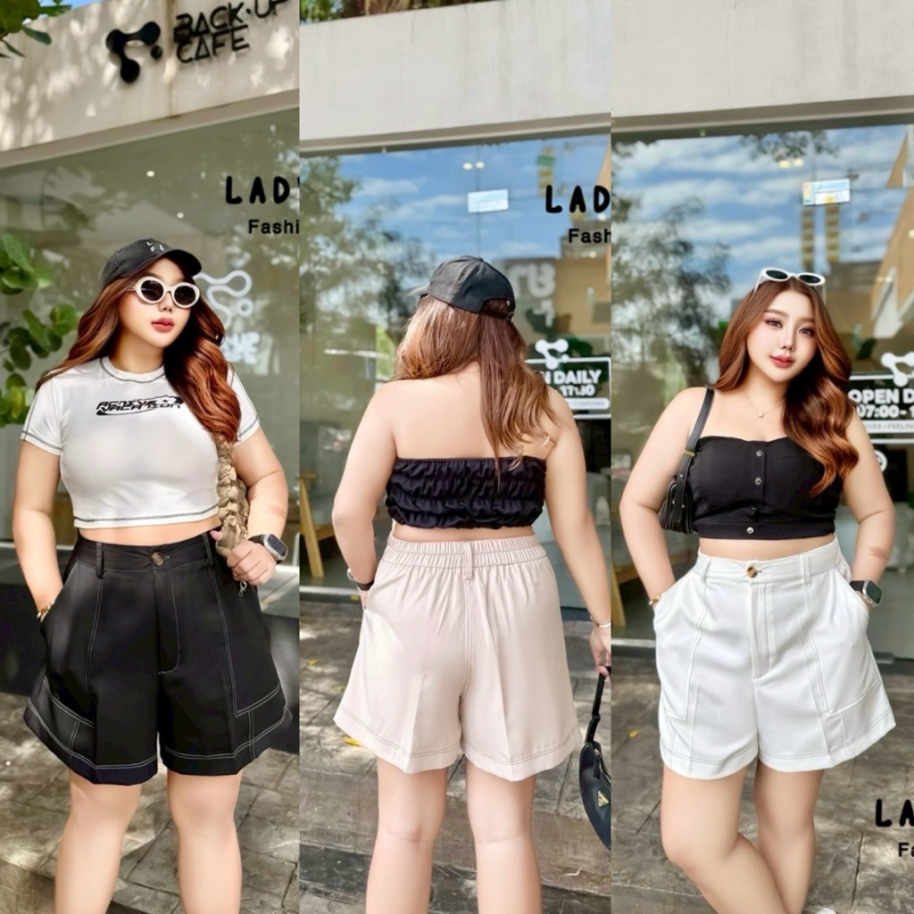 (LC) กางเกงขาสั้น ผ้าเปเป้ ดีเทลเดินด้าย ทรงสวย ใส่สบาย เสื้อผ้าสาวอวบอ้วน พลัสไซส์ ไซส์ใหญ่