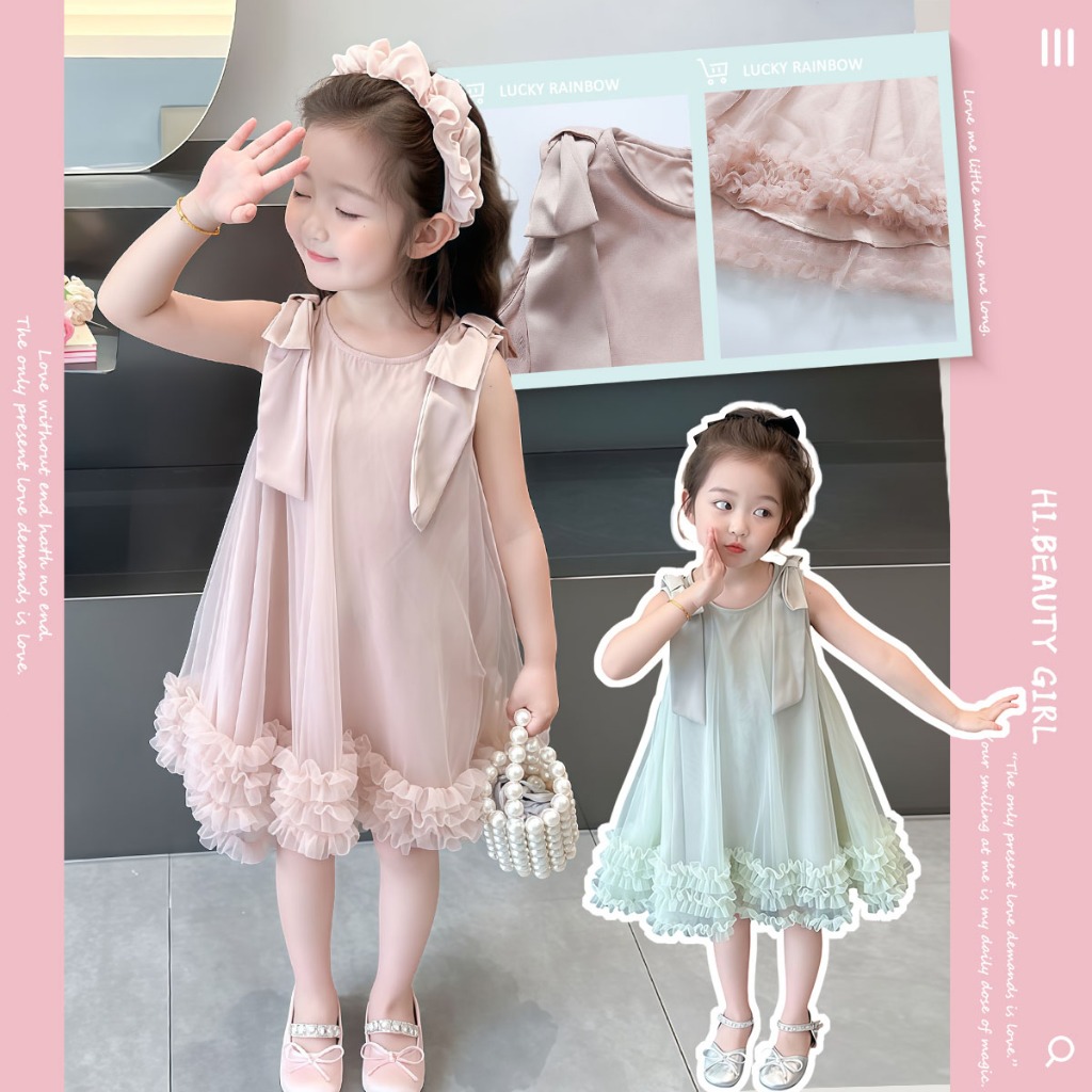 [จัดส่งวันนี้] ชุดเดรสเจ้าหญิงแฟชั่นเด็กหญิง คอกลมประดับด้วยโบว์ เหมาะสำหรับงานปาร์ตี้วันเกิด 1-9 ปี