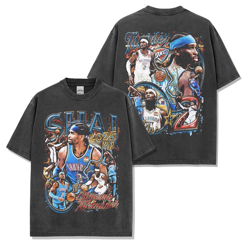 เสื้อยืดชาย เสื้อยืดสีดำ พิมพ์ลายNBA ฮิปฮอป งานป้าย เสื้อ oversize ลายพิมพ์ดารา NBA