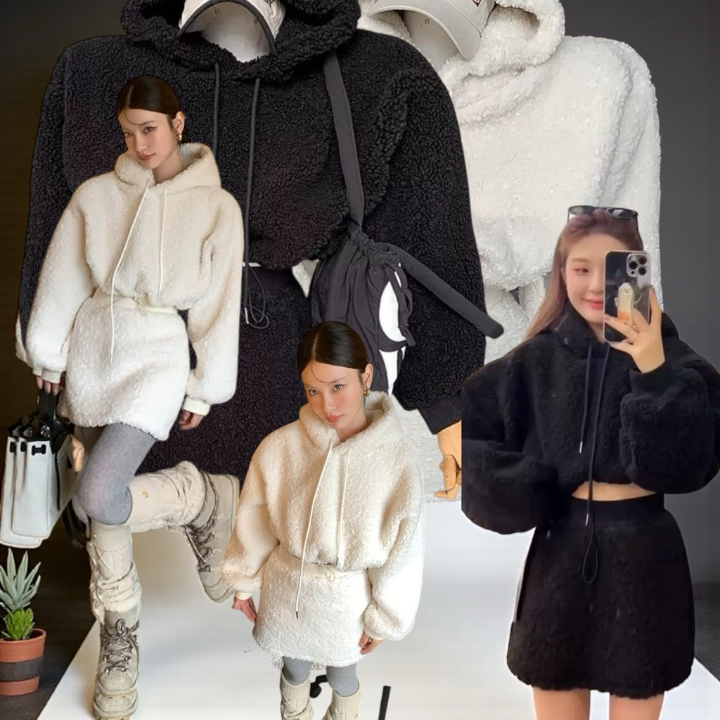 Fluffy winter set🖤☁️(690฿) mo.studio ชุดเซตผ้าขนเเกะนุ่ม เสื้อมีฮู๊ด จับคู่กระโปรง งานนำเข้าสวยพร้อม