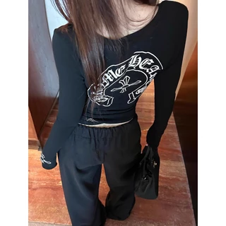 [Hip-hop lettering casual long-sleeved T-shirt]เสื้อยืดคอกลมแขนยาวลายตัวอักษรฮิปฮอปสไตล์เกาหลีสำหรับผู้หญิง