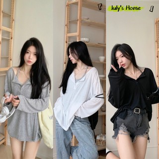เสื้อยืดเเขนยาว เสื้อยืดทรงหลวม ออเวอร์ไซส์ กระดุมเเกะได้ ผ้านิ่มใส่สบาย#J2414