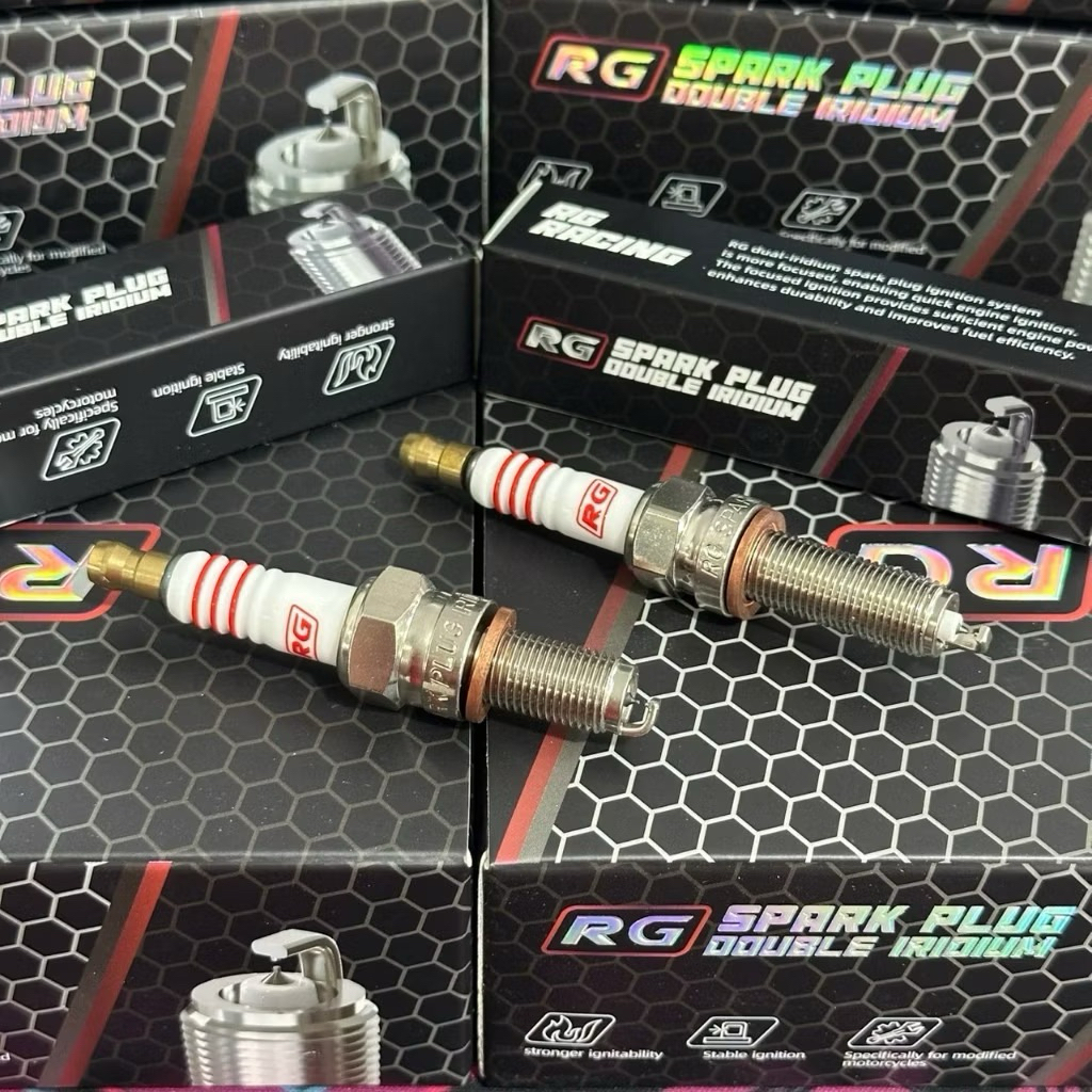 หัวเทียนเข็ม RG DOUBLE IRIDIUM เกลียวสั้น ใส่ WAVE 125 WAVE 110i SONIC จ่ายไฟนิ่ง ไฟแรง  (หัวเทียนเข็ม+แหวนทองแดง)