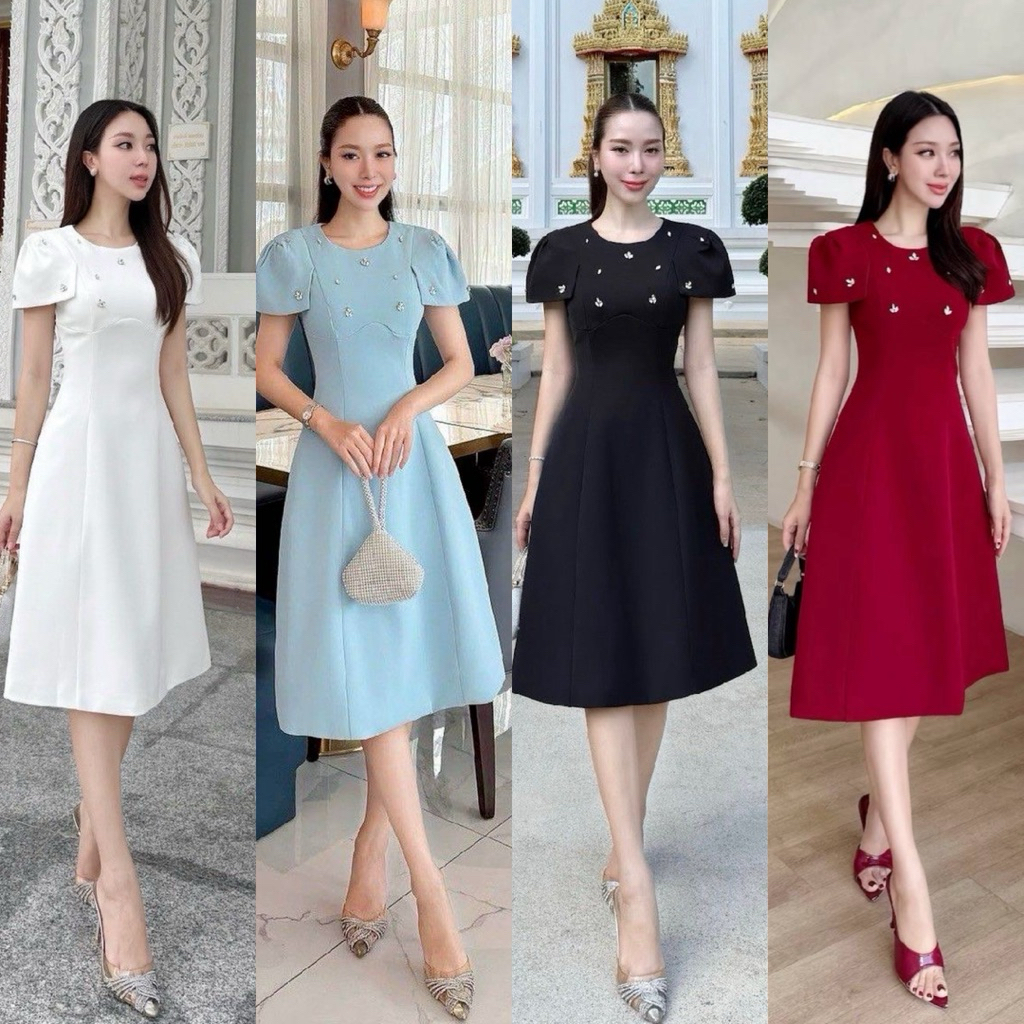 พร้อมส่ง•Rattana🌟PT•เดรสเรียบหรูแต่งเพชรที่หน้าอกและแขนเสื้อ ให้ดูสวยเก๋ดูแพง