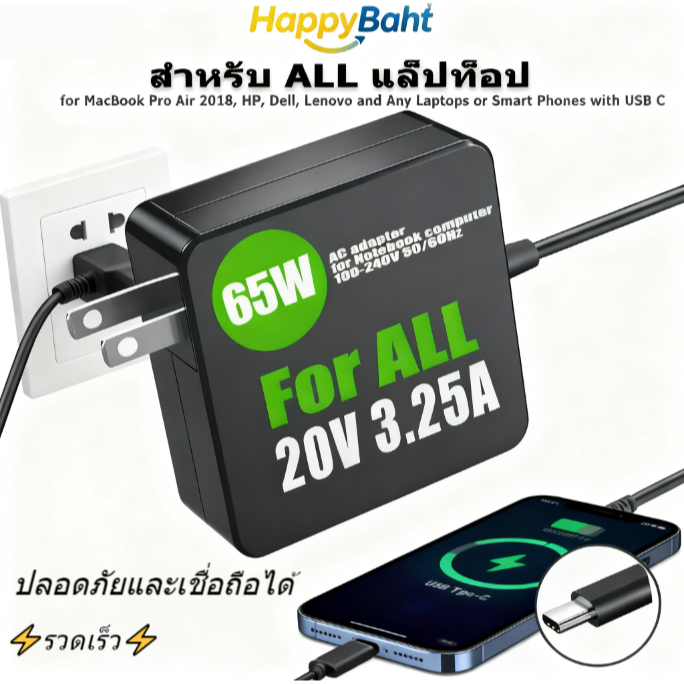 HAPP 65W USB-C Adapter, Type C Power Delivery PD Wall Charger 65W(รองรับ 61W, 45W, 30W และ 12W)