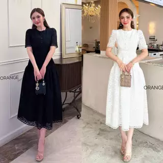 เดรสลูกไม้ ขาว ดำ ถักทอลายแน่นๆ เนื้อนิ่ม ใส่แล้วไม่คัน ช่วงเอวแต่งตีเกร็ดรอบตัว OR21877