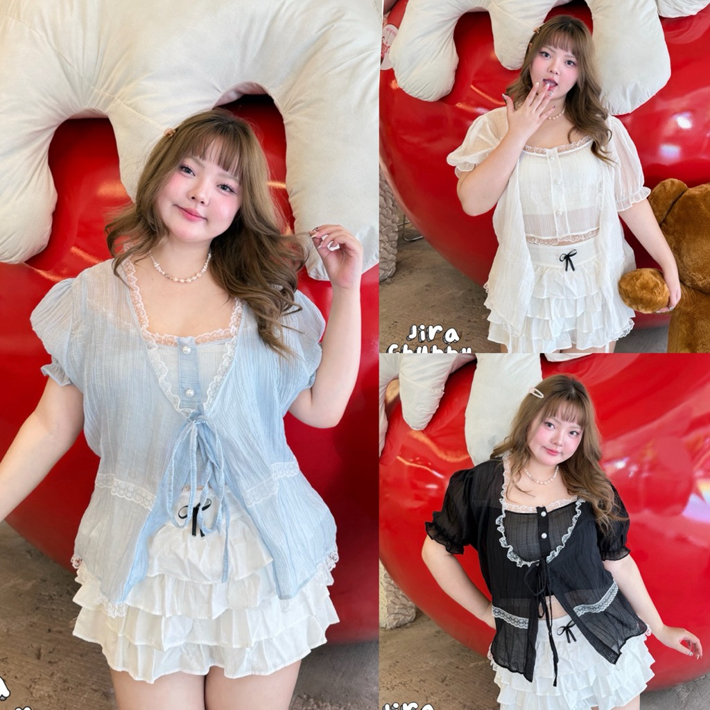 j เสื้อเซ็ต 2 ชิ้น เสื้อ+กล้ามตัวใน 🌸อก 38-48 นิ้ว ตัวเสื้อนอกเป็นแบบผูกแขนตุ๊กตา แต่งด้วยลูกไม้ทั้งตัว เสื้อดำ ขาว ฟ้า