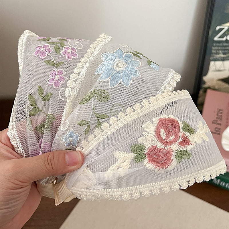 LUCKYROSE ที่คาดผมสไตล์เคาน์ทรีสำหรับสตรี ดอกไม้ปักตาข่ายลูกไม้ ขอบกว้าง มี 3 สี