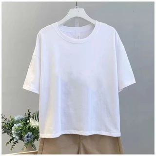 เสื้อครอปสาวอวบน่ารัก สีพื้น oversize เสื้อผ้าคนอ้วนไซส์ใหญ่ เสื้อยืดแขนสั้นแบบหลวมผู้หญิงแฟชั่นมาใหม่สวยๆ ลำลอง สีดำ