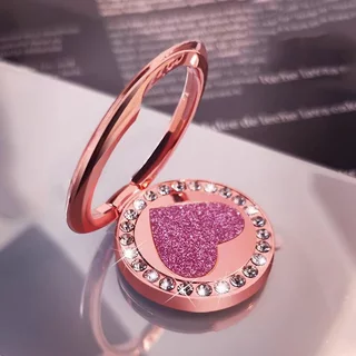แหวนโลหะรูปหัวใจกลมกลิตเตอร์พร้อมหัวเข็มขัดสำหรับยึดเคสโทรศัพท์