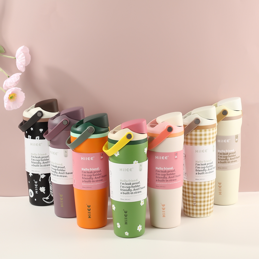 HILEE FreeSip Sway แก้วน้ำสแตนเลสสูญญากาศ หูหิ้ว ดื่มได้ 2 ทาง ใส่ช่องวางแก้วรถได้ BPA Free สี Spark