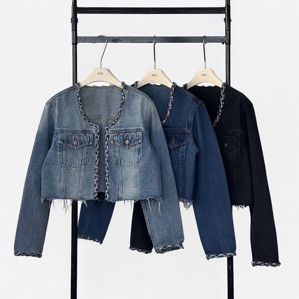 Atiashop - ROUGH WEAVE DENIM เสื้อแจ็คเก๊ตยีนส์ ทรงครอป แขนยาว ผ้ายีนส์ ทรงสวย