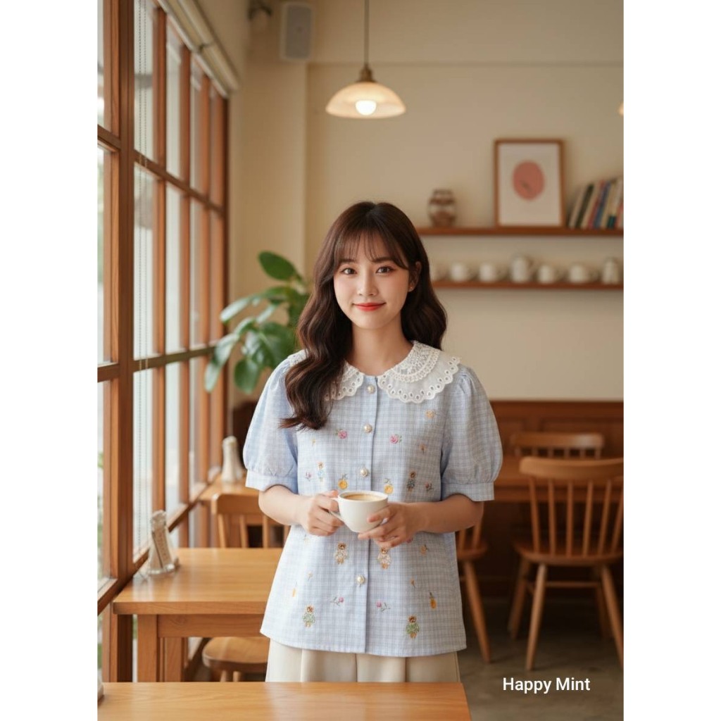 ป้าย N.N เสื้อลายสก็อตปักลายน่ารัก ๆ แต่งปกลูกไม้ 2 ชั้น อก 40 นิ้ว ยาว 21 นิ้ว - รูปที่ 6