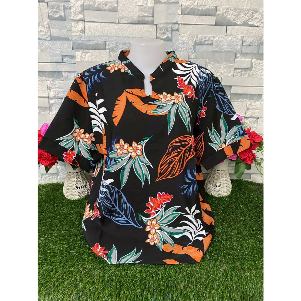เสื้อลายดอกดำ เสื้อสงกรานต์ คอจีน ผ้าใหมอิตาลี่ เสื้อผ้าสาวอวบ ไซส์ใหญ่ รุ่น7646
