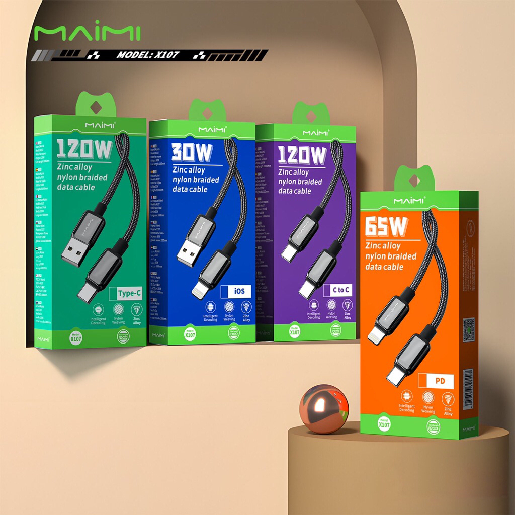 Maimi รุ่น X107 สายชาร์จ สายถักไนลอน ชาร์จเร็ว30W/65W/120W DATA CABLE ไม่พันกัน ใช้งานทนทานแข็งแรง