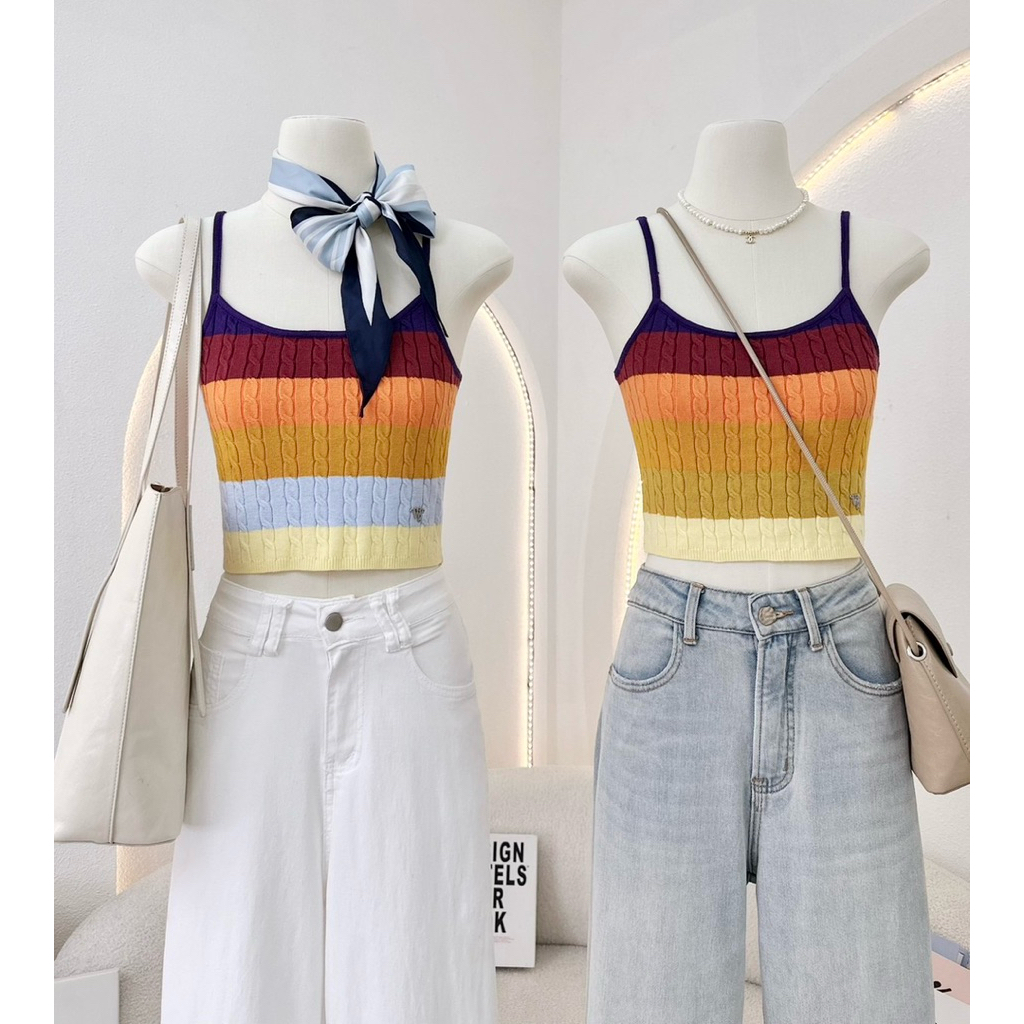 WA YA เสื้อสายเดี่ยวผ้าไหมพรมลายริ้ว